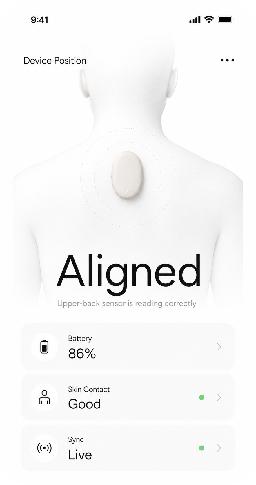 Oku device position screen showing upper back placement, battery, skin contact, and live sync status