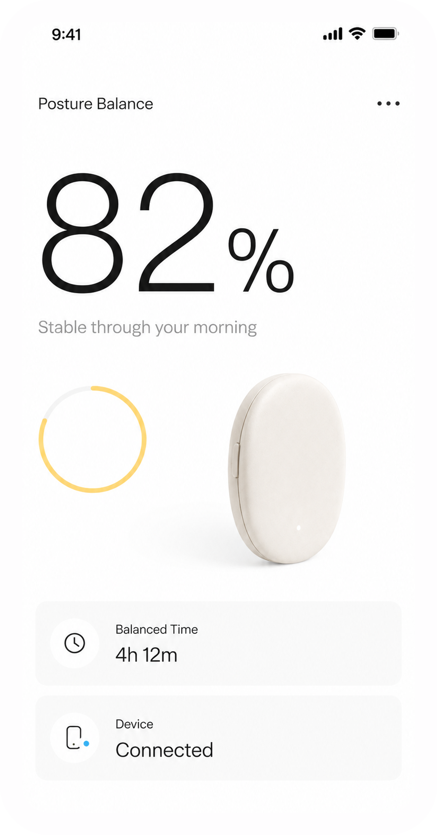 Oku app home screen showing posture balance, balanced time, and connected device status