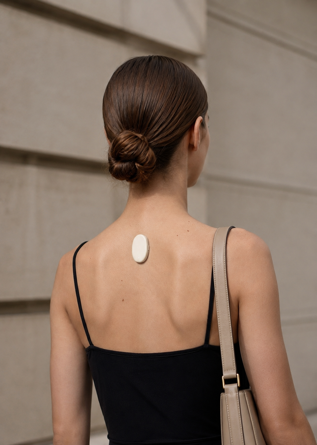 Oku device worn while walking outdoors with a shoulder bag