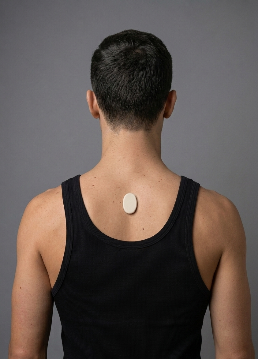 Oku device worn on the upper back with a black tank top